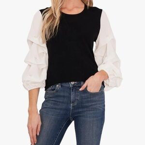 Black and White Ruffled Pearl Detail Lantern Sleeve Sweater Top, Small